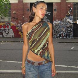 Women's Tanks Fashio Print Tank Tops Y2k Tees Summer Clothing For Women 2024 Trendy Sexy Asymmetric One Shoulder Crop Top