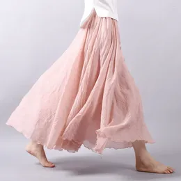 Skirts Women Cotton Linen Skirt High Waist Long Plus Size Elastic A Line Girls Pleated Ethnic Vintage Sweet Teenager School