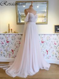 Simple Illusion Tulle Pleat A-Line Wedding Dresses Spaghetti Straps Ribbons Bridal Gowns Robe De Mariee