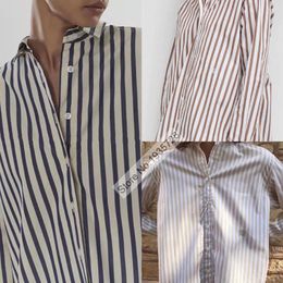 Women's Blouses Ladies Silhouette Classic Vertical Stripes Embroidered Detail Cotton Simple Style Long-sleeved Blouse Shirt Top