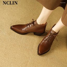 Boots Autumn/Winter Genuine Leather Women Shoes Pointed Toe Chunky Heel Ankle For Lace Short Zapatos De Mujer