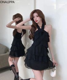 Casual Dresses Onalippa Halter Multi Ruffles Black Dress For Women Hepburn Wind Off-shoulder Chiffon Celebrity Style Solid Vestidos