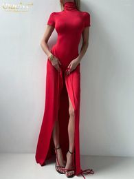 Work Dresses Clacive Fashion Slim Red Knitted Skirt Sets For Women 2 Pieces Elegant Short Sleeve Shirt With High Waist Slit Skirts Set