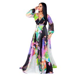 Designer women's clothing new summer beach chiffon dress floral print European and American fashion swing dress women's clothing dress long sleeves maxi dresses B47Z