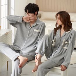 Cotton Sleepwear For Couples Korean Cardigan Men Pijamas Women Pyjamas Set Long Sleep Tops Pant Nightwear Pjs pareja hombre 240428