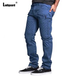 Ladiguard Mens Casual Stand Pocket Pants Solid Blue Cargo Trouser Men Streetwear Plus Size Fashion Pleated Sweatpants 240422