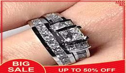 Wedding Rings Princess Cut Ring Set Silver Colour Zircon Cz Stone Engagement Band For Women Bridal Gift7431628