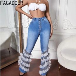 Women's Jeans FAGADOER High Waist Flare 2024 Fashion Chic Denim Pants Women Lace Ruffles Patchwork Trousers Female Stretchy Jean