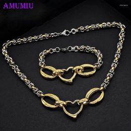 Necklace Earrings Set AMUMIU Heart Shape Gold Color Pendant Bracelets Sets Women Jewelry JS163