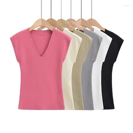 Women's T Shirts Sexy Crop Tops Women 2024 Summer Knit Shirt White Kawaii Pink Womans Clothing Short Sleeve Tees V Neck Knitted