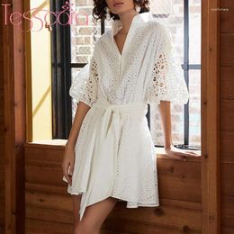 Party Dresses TESSCARA Women Runway Designer Luxury Embroidery Dress Shirt High Quality White Robe Femme Vintage Lantern Sleeve Vestidos