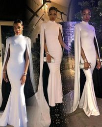 Elegant High Neckline Mermaid Evening Dresses White Cape African Formal Evening Prom Gowns Party Wear Dress Red Carpet Celebrity D9664747