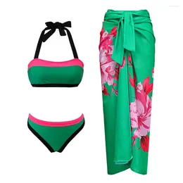 Women's Swimwear Vintage Green Halter Beachwear Fashion Two Piece Swimsuit Split-joint Summer Separate Bandeau High Waist Bikini