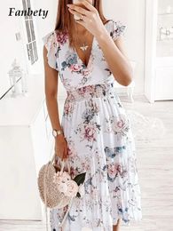 Summer Fashion Floral Printed Long Dress Ladies Sleeveless Elastic Waist Beach Dress Women V-Neck Pleated Chiffon Cover-Ups 240418