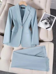 Women's Two Piece Pants Blue Black Khaki Ladies Formal Pant Suit Set Women Female Business Work Wear Long Sleeve 2 Blazer Jacket And Trouser