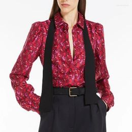 Women's Blouses Early Spring Women Twill Red Printed Silk Shirt
