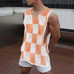 Men Tank Tops Printing Mesh Transparent Summer V Neck Sleeveless Vests Streetwear 2023 Hollow Out Clothing S5XL INCERUN 240416