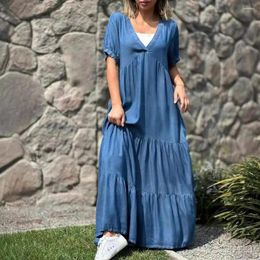 Casual Dresses Loose Cut Pleated Dress Elegant V Neck Maxi With Side Pockets For Women A-line Patchwork Hem Solid Color Plus Size
