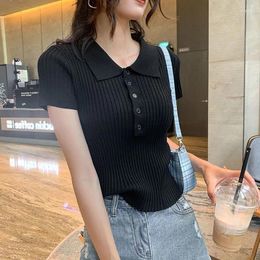 Women's Polos Woman T Shirt Button Knitted Black Plain Slim Polo Neck Women Clothing Trend 2024 Pretty Pulovers Y2k Fashion Summer