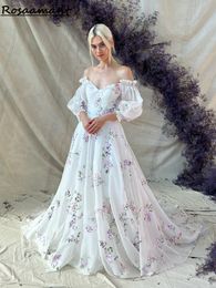 Drucken Sie Blume Brautkleider von den Schulterbrautkleidern Langarm Robe de Mariee Beach Sweep Zug für Frauen