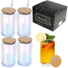 Rainbow Drinking Glasses with Bamboo Lids and Glass Strawset of 2 set 416OzWineCocktailWhiskeyPartyBeerCoffeeGift 240429