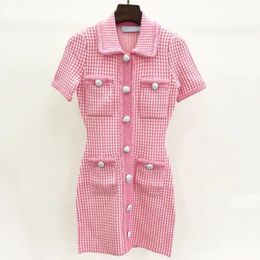 Party Dresses 2024 Pink Plaid Knit Dress Polo Neck Waist Fit Drill Button Short Sleeve