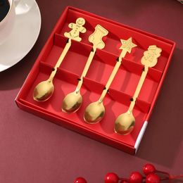 4PCSSet Christmas Spoons With Gift Box Stainless Steel Spoon Tea Coffee Ice Cream Dessert Stirring Tableware 240422