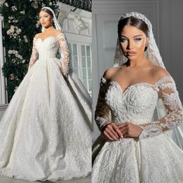 Wunderschönes Lace Ball -Kleid -Hochzeitskleid für Braut bloßes Juwel Fulllace Hochzeitskleider Langarmes Rüschengewebe de Mariage Saudi -Arabisch Spitzenfehler Brautkleider