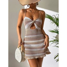 2024 Halter Knitted Mini Dress Summer Sexy Beach Cover Women Hollow Out Party See Through Dresses Bikinis Cover-ups Backless240416