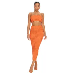 Work Dresses Streetwear Orange Sexy Strapless Two Piece Skirts Set For Women Summer Outfit 2024 Cropped Top And Bodycon Long Skirt Female