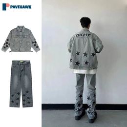 Star Printed Denim Set Men Women Spring Autumn High Street Retro Cowboy Jacketsjeans Two-piece Sets Y2k Streetwear Couple Suit 240429