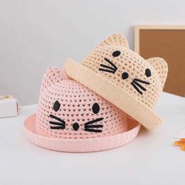 Caps Hats Summer Baby Straw Hat Cute Cat Ear Infant Toddler Mesh Breathable Bucket Hat Outdoor Beach Boy Girl Panama Sun Cap