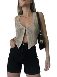 Women's Tanks Women Sleeveless Sweater Vest Solid Color V-Neck Knitted Open Front Crop Tank Top Casual Y2k Streetwear