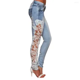 Women's Jeans Ladies Mid Waisted Stretch Flare Hollow Out Lace Appliques Fashion Jean Floral Women Pencil Denim Trousers 2024 Streetwear