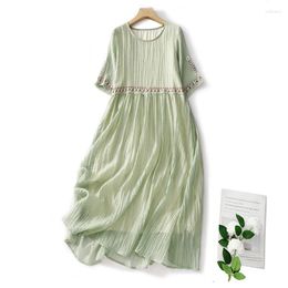 Party Dresses 2024 Summer Vintage Literary Ramie Women Cotton Linen Embroidery Soft Midi Dress For Vestidos Para Mujer