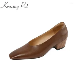 Dress Shoes Krazing Pot Cow Leather Retro Fashion Glove Thick Med Heels Spring Autumn Summer Black Brown Color Mature Lady Women Pumps