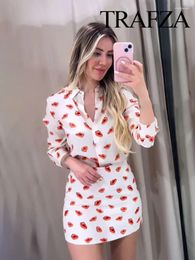 Work Dresses TRAFZA Summer Fashion Women Suits Print Turn-Down Collar Long Sleeve Single Breasted Casual Shirts High Waist Zipper Short