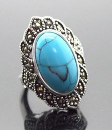 17X30mm Blue Turquoises Oval Gem 925 Sterling Silver Marcasite Ring Size 789108913297