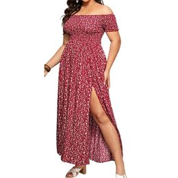 Elastic Chest Wrapped Boho Women Dress Plus Size Short Sleeve High Waist Split Flowy Hem Off Shoulder Floral Print Maxi 240430