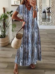 Women Summer Bohemian Style Print Large Hem Dresses Vintage Comfortable Casual Vacation Dress Female V Neck Short Sleeve Gown 24 240419