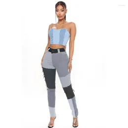 Women's Jeans Woman Color Block High Waist Pantalones Streetwear Sexy Ladies Skinny Denim Trousers