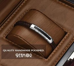 REAMOR Luxury New Stainless Steel Inlay Leather Connector Bracelets Mens Brown Genuine Leather Bracelet Mens Gift Jewelry CX2007243294824