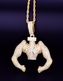 Gold Big Block Flexing Pendant Cuban Chain Necklace Silver Colour Cubic Zirconia Men039s Hip hop Rock Jewellery 52x5cm3509291