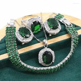 Necklace Earrings Set Green Emerald Silver Color Jewelry For Women Wedding Party Bracelet Hoop Pendant Ring Birthday Gift