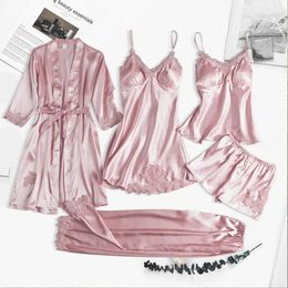 5PC Silk Robe Sleep Suit Womens Lace Satin Pajamas Gown Set V-Neck Cami Nighties Wear Pijama Home Nightwear Spring Nightdress 240418
