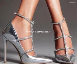 Dress Shoes Rhinestones T-straps Stiletto Heel Pumps Elegant Women Pointed Toe Silver Black Patent Leather Crystals Thin Wedding