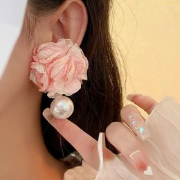 Stud Earrings Fabric Art Flower Pearl For Women Vintage Handmade Flowers Earring Summer Sweet Party Jewellery Accessories