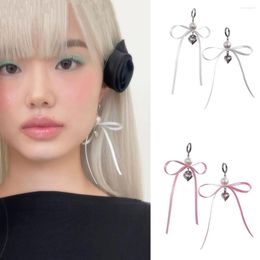 Dangle Earrings Korean Version Ins Style Pink White Ribbon Bow Silver Colour Heart Pendant For Women Elegant Sweet Cool Aesthetic Gifts