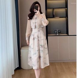 Work Dresses Spring Summer Wash Painting Two-piece Set For Women Sun Protection Cardigan Tops And Long Dress Female Large Size Matching