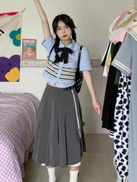 Work Dresses Preppy Style Matching Sets Bow Striped Short Sleeve Crop Tops High Waist Folds Long Skirts Y2k Fashion Sweet Women Clothing